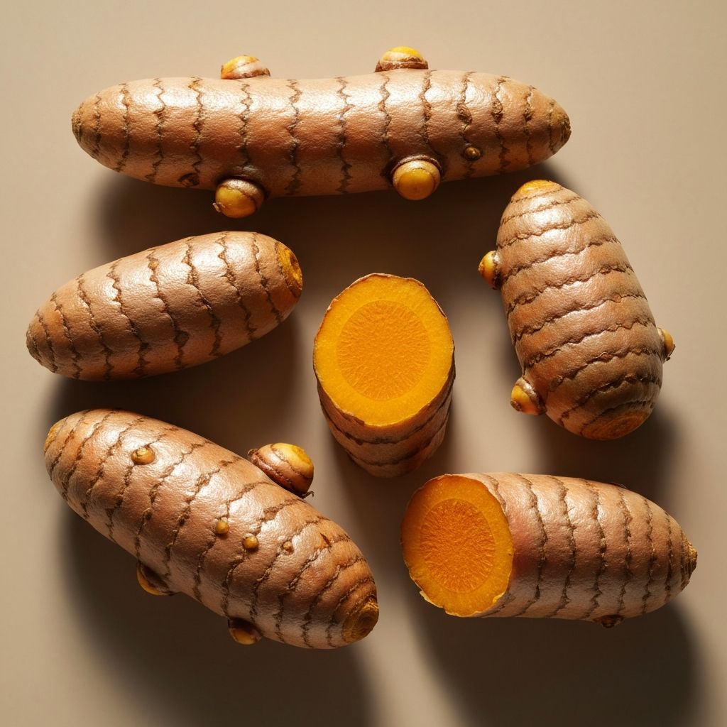 Fresh turmeric roots and ground turmeric powder